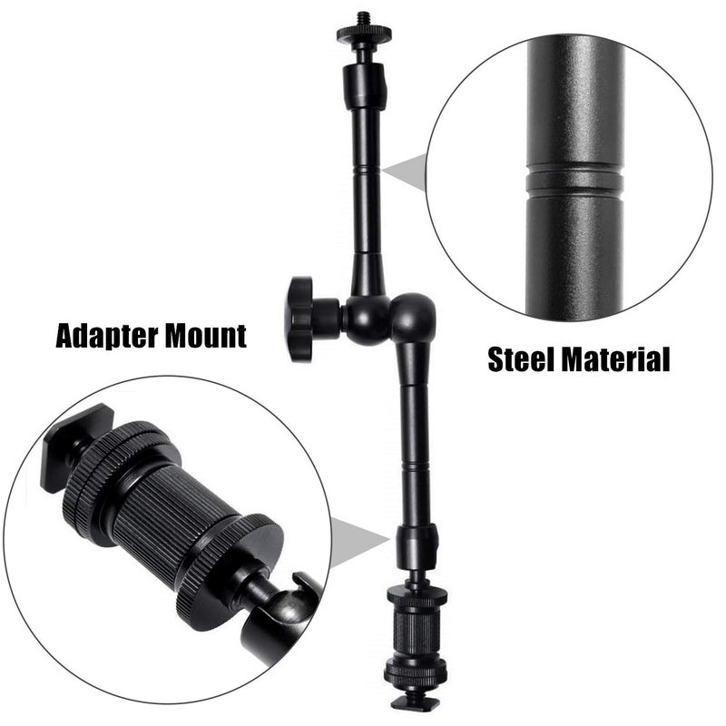 WANBY 11 Inch Articulating Friction Magic Arm Adjustable w/Hot Shoe Mount 1/4'' Tripod Screw for Camera Rig, LCD Monitor, LED Flash Lights (11'Arm & Clip) - Image 5
